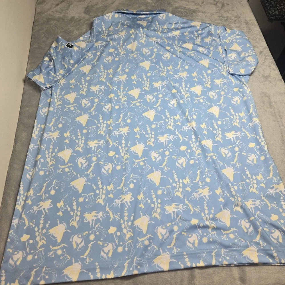 Waggle Buzzin Polo Shirt Mens 2XL Blue Bee Floral Print Performance Stretch New - Picture 3 of 6